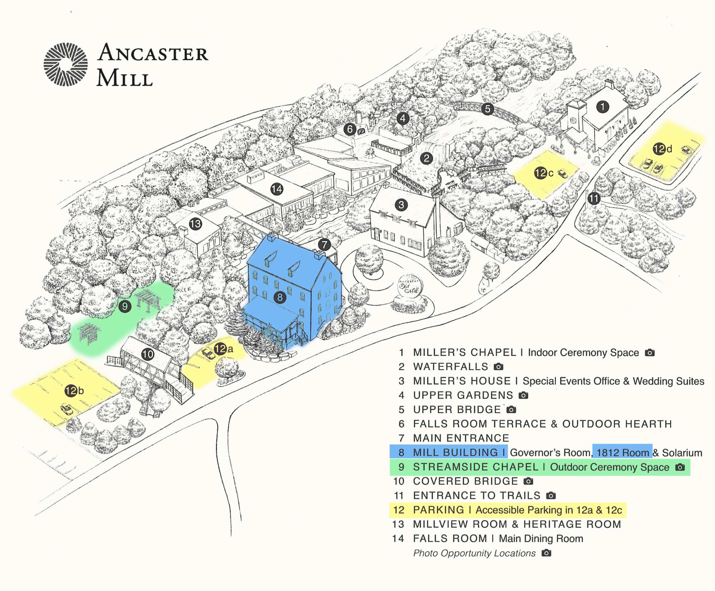 Site map of Ancaster Mill showing the chapel, terrace, dining rooms and parking